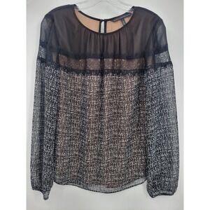 White House Black Market Sheer Black W/Tan Smocked Lined Mock Neck Blouse Size 6